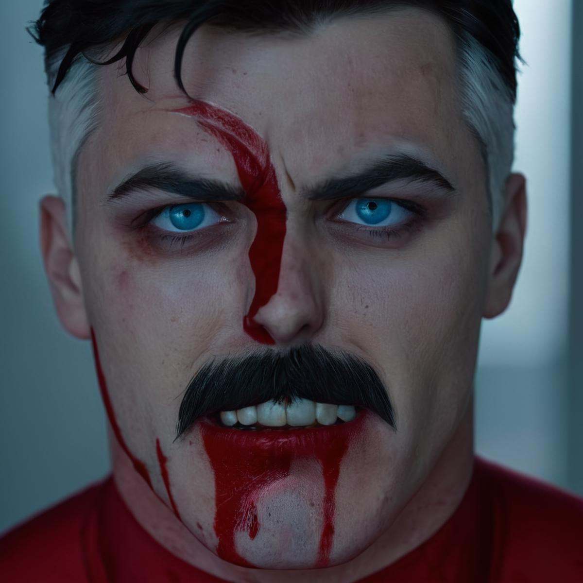 cinematic film still of detailed perfect Omni-Man a man with blood on his face and a bloody face,  anti-hero,  antihero on...