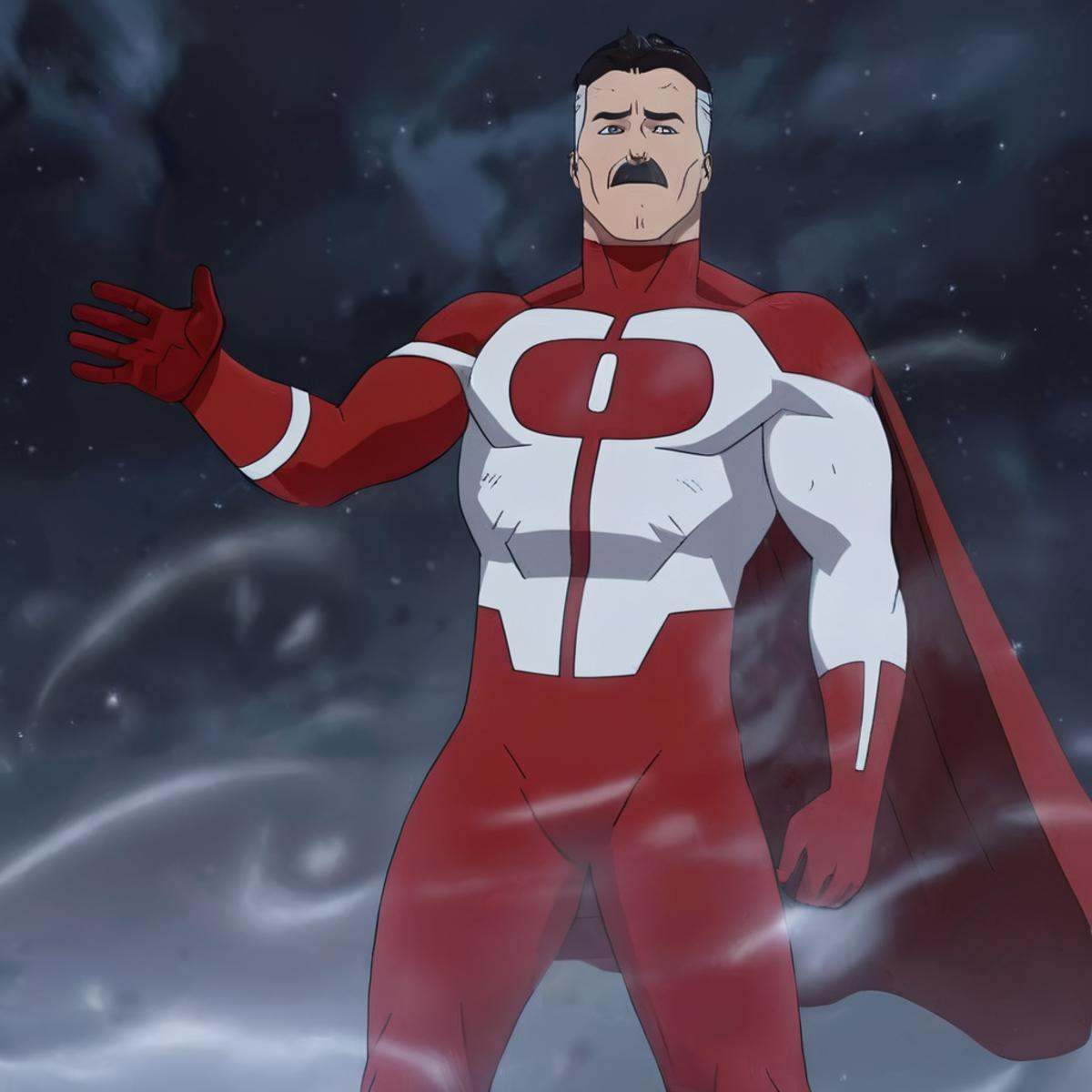 cinematic film still of detailed perfect red white outfitOmni-Man a cartoon character in a red and white outfit,  anti-her...