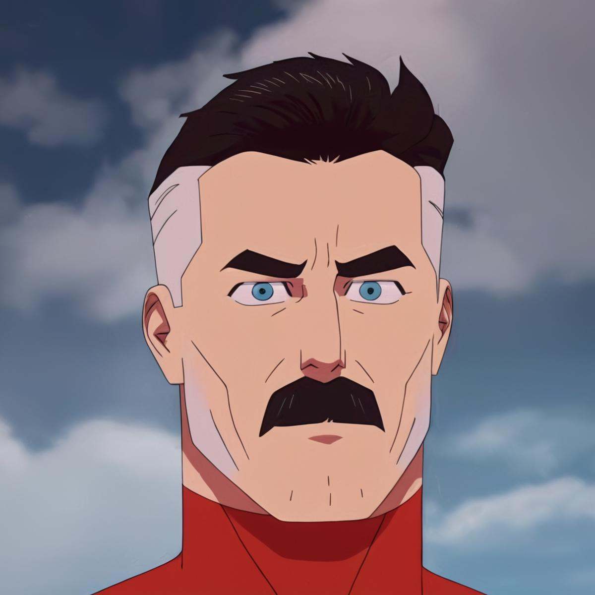 cinematic film still of detailed perfect red white outfitOmni-Man older a man with a beard and a red shirt,  ageing man,...