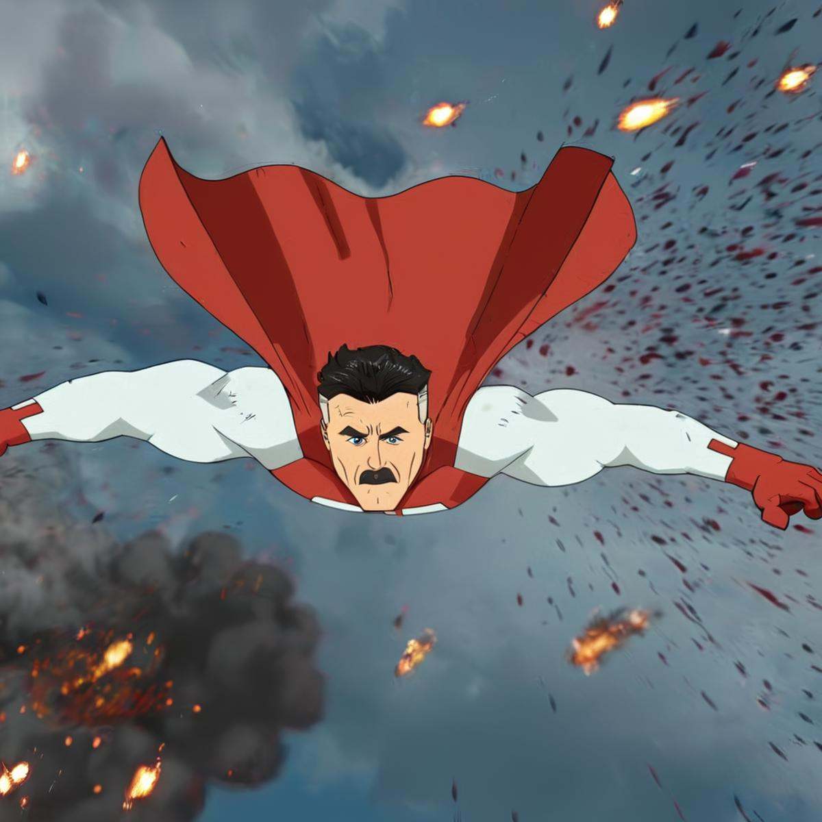 cinematic film still of detailed perfect red white outfitOmni-Man a man from behind is in front of a big exploding object...