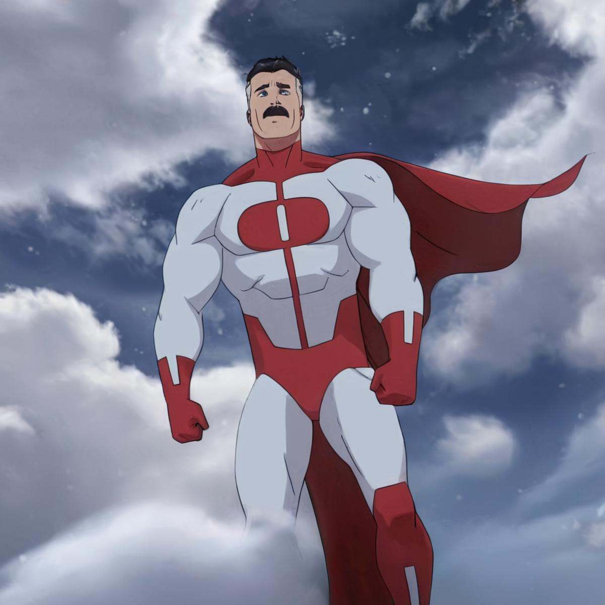cinematic film still of detailed perfect red white outfitOmni-Man a man in a red and white suit and cape,  anti-hero,  ant...