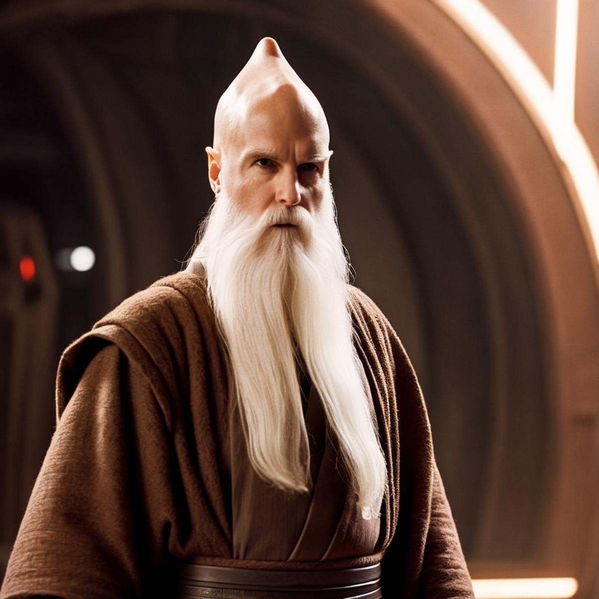 cinematic film still of Ki-Adi-Mundi a jedi man with a long beard and a bald head in star wars universe,  shallow depth of...