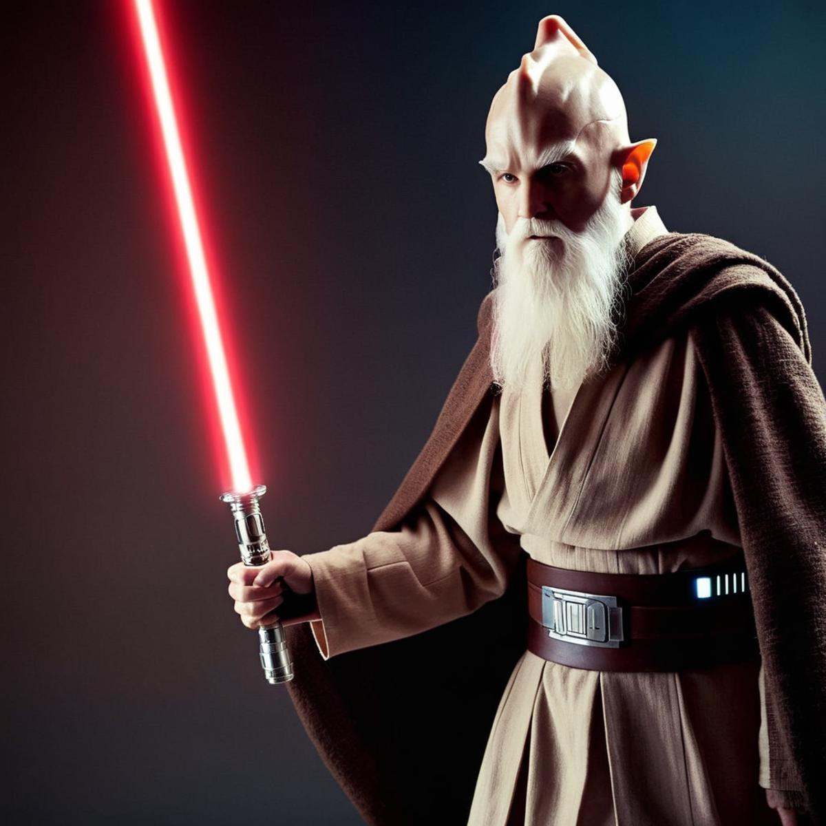 cinematic film still of Ki-Adi-Mundi a jedi man with a light saber in his hand in star wars universe,  shallow depth of fi...