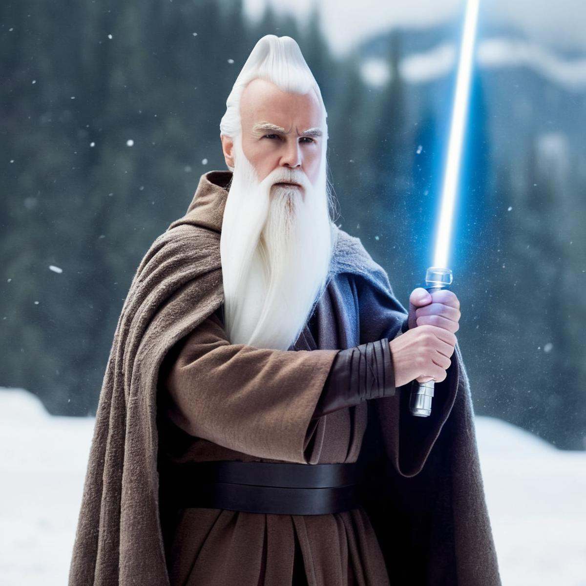 cinematic film still of Ki-Adi-Mundi a jedi man in a snow weather and a perfect hands in star wars universe,  shallow dept...