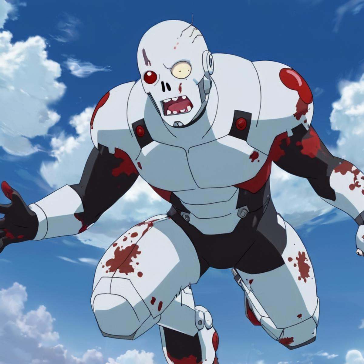anime artwork of detailed perfect Reanimen (zombie cyborgs) a cartoon character is flying through the air,  mechanical zom...