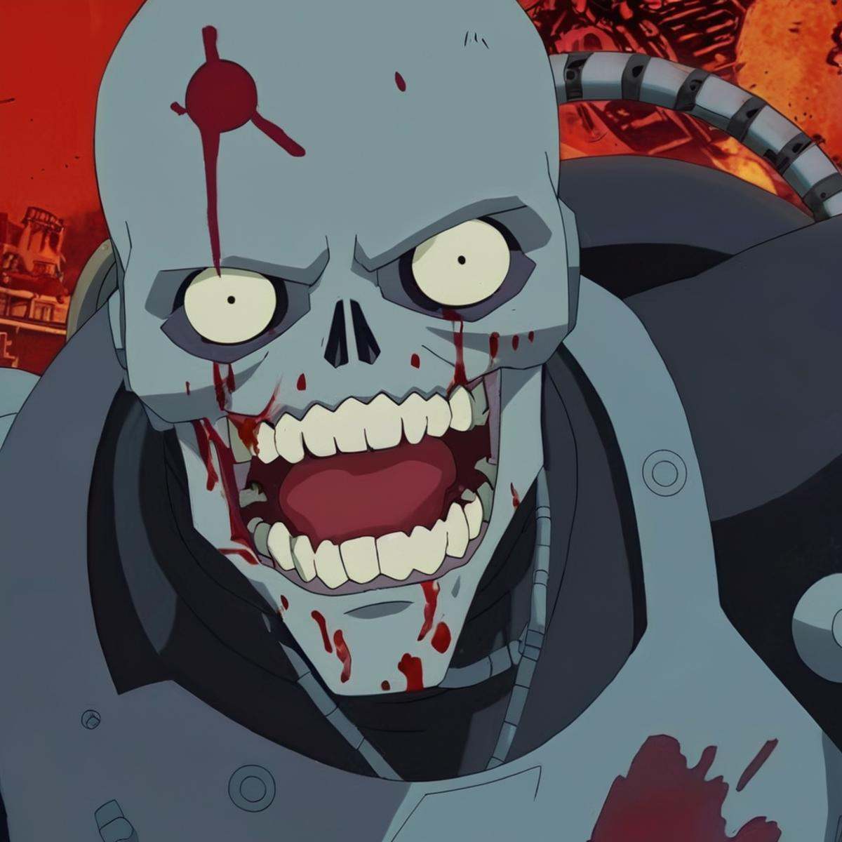 anime artwork of detailed perfect Reanimen (zombie cyborgs) a cartoon character with a bloody face and a big mouth,  mecha...