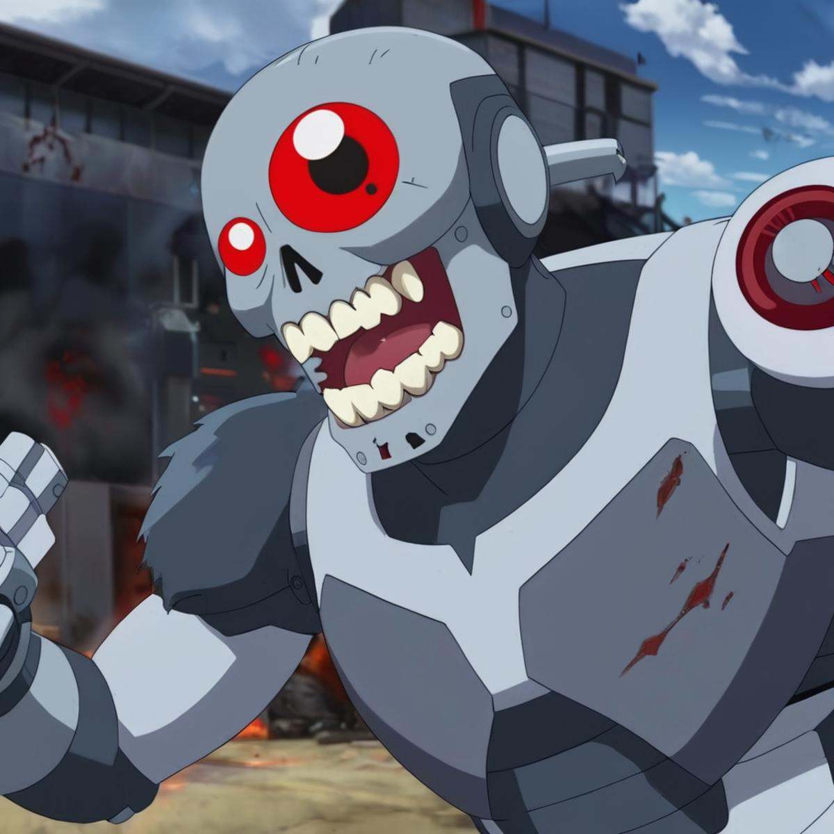 anime artwork of detailed perfect Reanimen (zombie cyborgs) a cartoon character with a red eye running,  mechanical zombie...