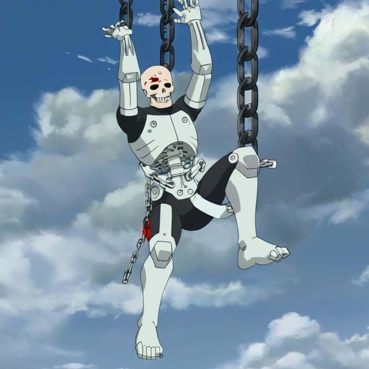 anime artwork of detailed perfect Reanimen (zombie cyborgs) a cartoon of a skeleton bodies hanging from chains,  mechanica...