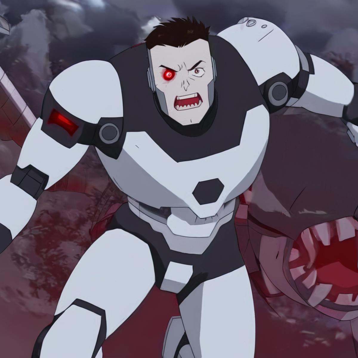 anime artwork of detailed perfect Reanimen (zombie cyborgs) a cartoon character with a red eye running,  mechanical zombie...