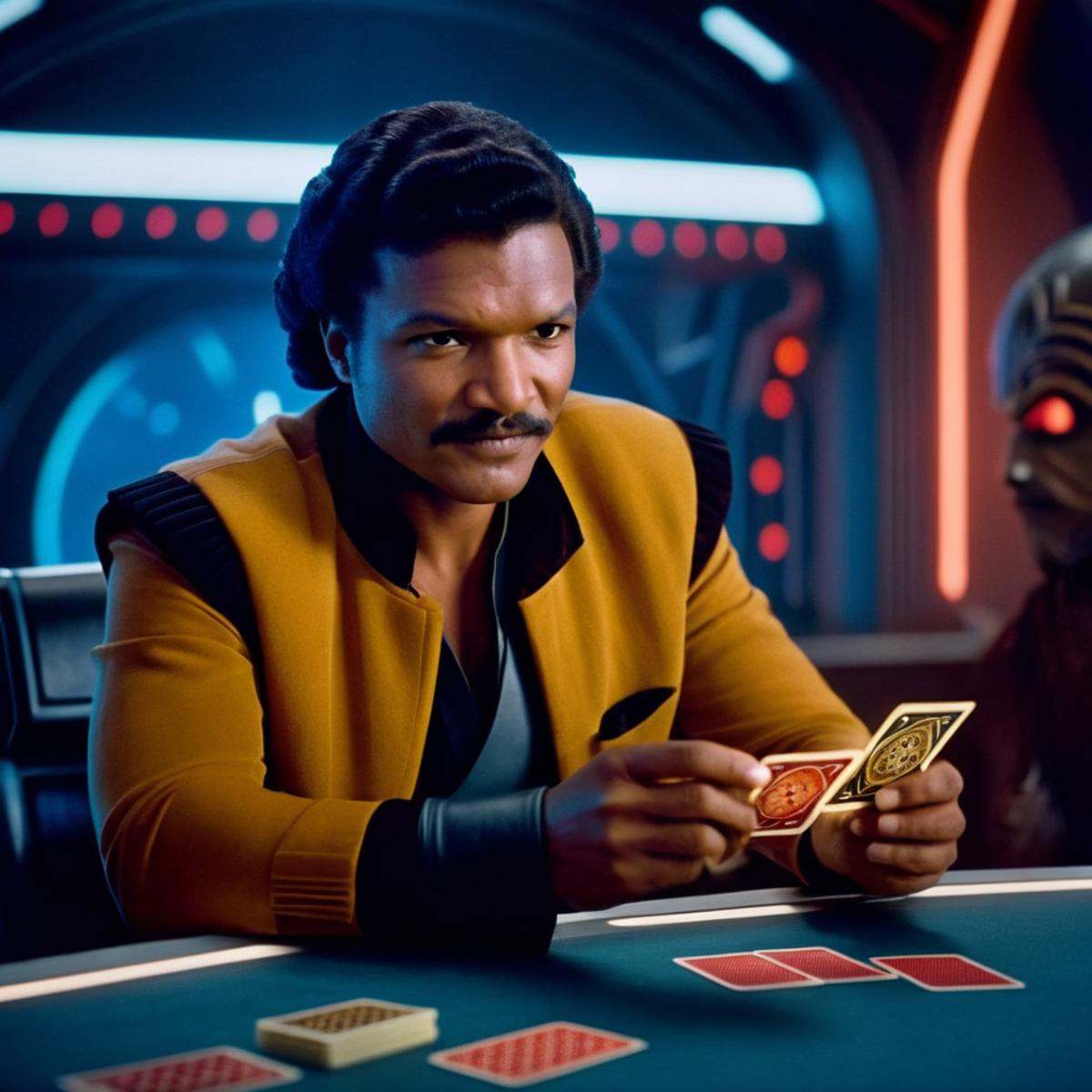 cinematic film still of Lando Calrissian a man sitting at a table with a card game in star wars universe,  shallow depth o...
