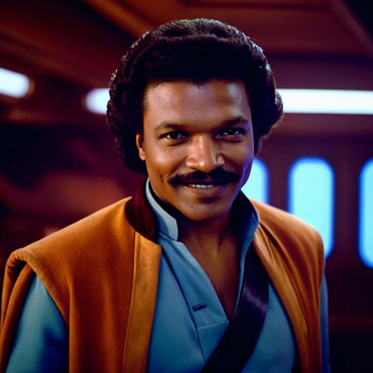 cinematic film still of Lando Calrissian a black man with a mustache and a moustache smiles in star wars universe,  shallo...