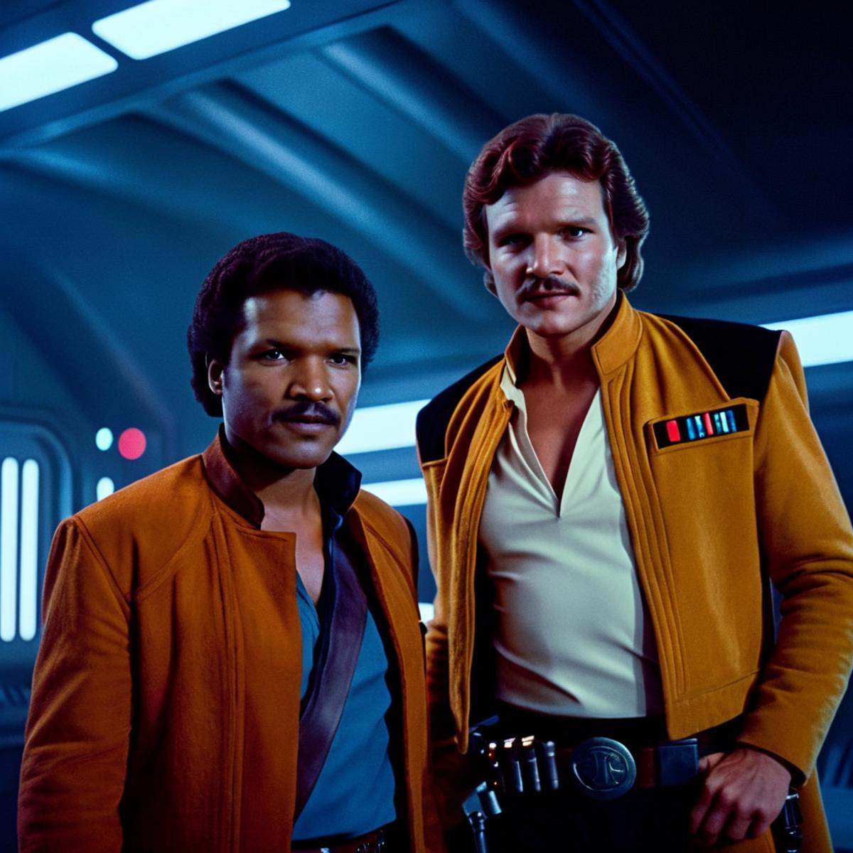 cinematic film still of Lando Calrissian a man standing next to Han Solo in star wars universe,  shallow depth of field,...