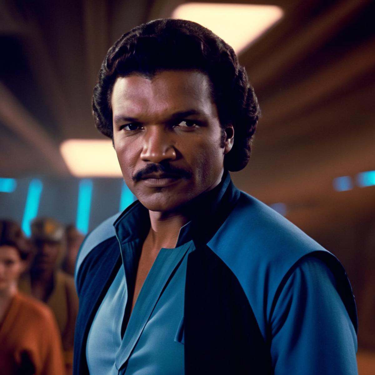 cinematic film still of Lando Calrissian a man in a blue shirt and black pants in star wars universe,  shallow depth of fi...