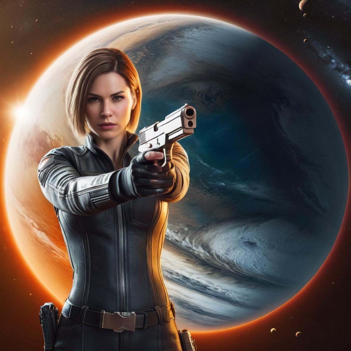 Hyperrealistic art of a woman holding a gun in front of a giant planet Perfect Hands,  Extremely high-resolution details,...