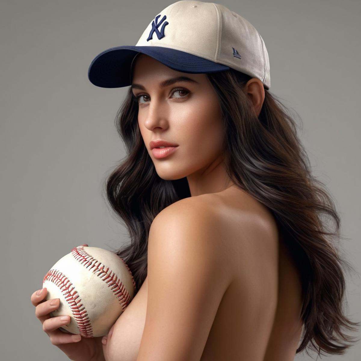 Hyperrealistic art of a woman with Perfect Hands and a baseball cap is posing naked in front of camera,  Extremely high-re...