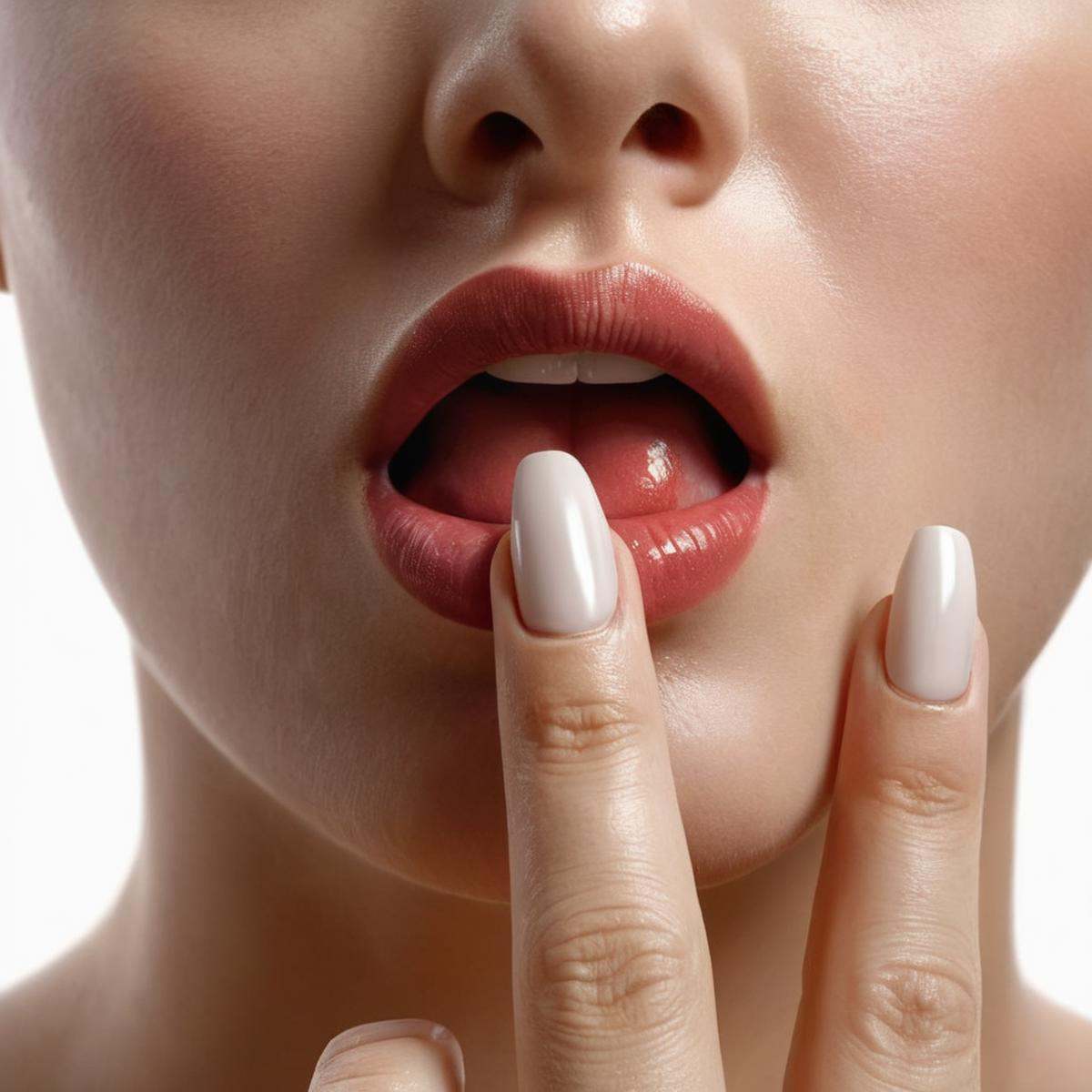 Hyperrealistic art of a woman with a hand in her mouth Perfect Hands,  Extremely high-resolution details,  photographic on...