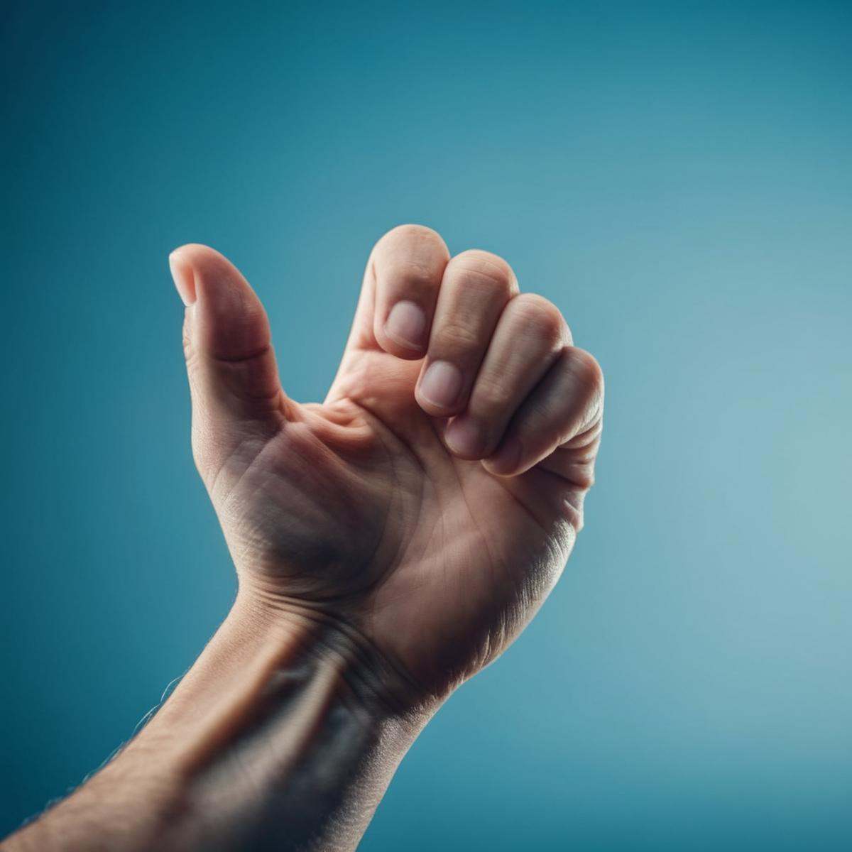 cinematic film still of a five fingers hand with a fist gesture on a blue background Perfect Hands,  shallow depth of fiel...