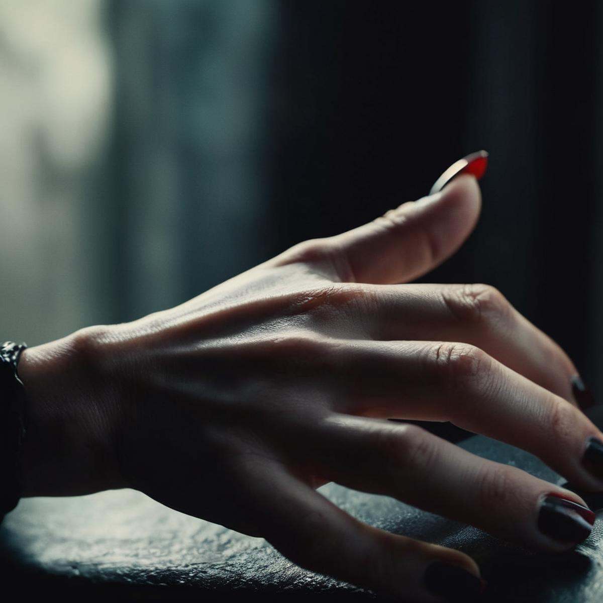 cinematic film still of a vampire creature's idle detailed Perfect Hand with long nails ,  shallow depth of field,  vignet...