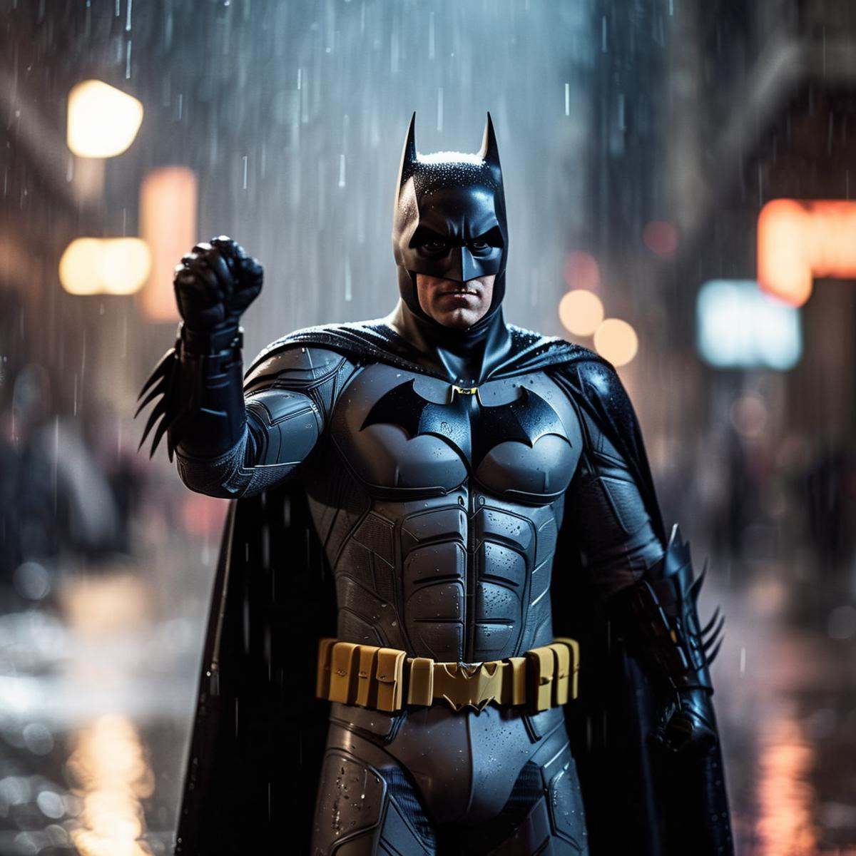cinematic film still of a batman is in the rain with a bat Perfect Hands,  shallow depth of field,  vignette on Tensor.Art