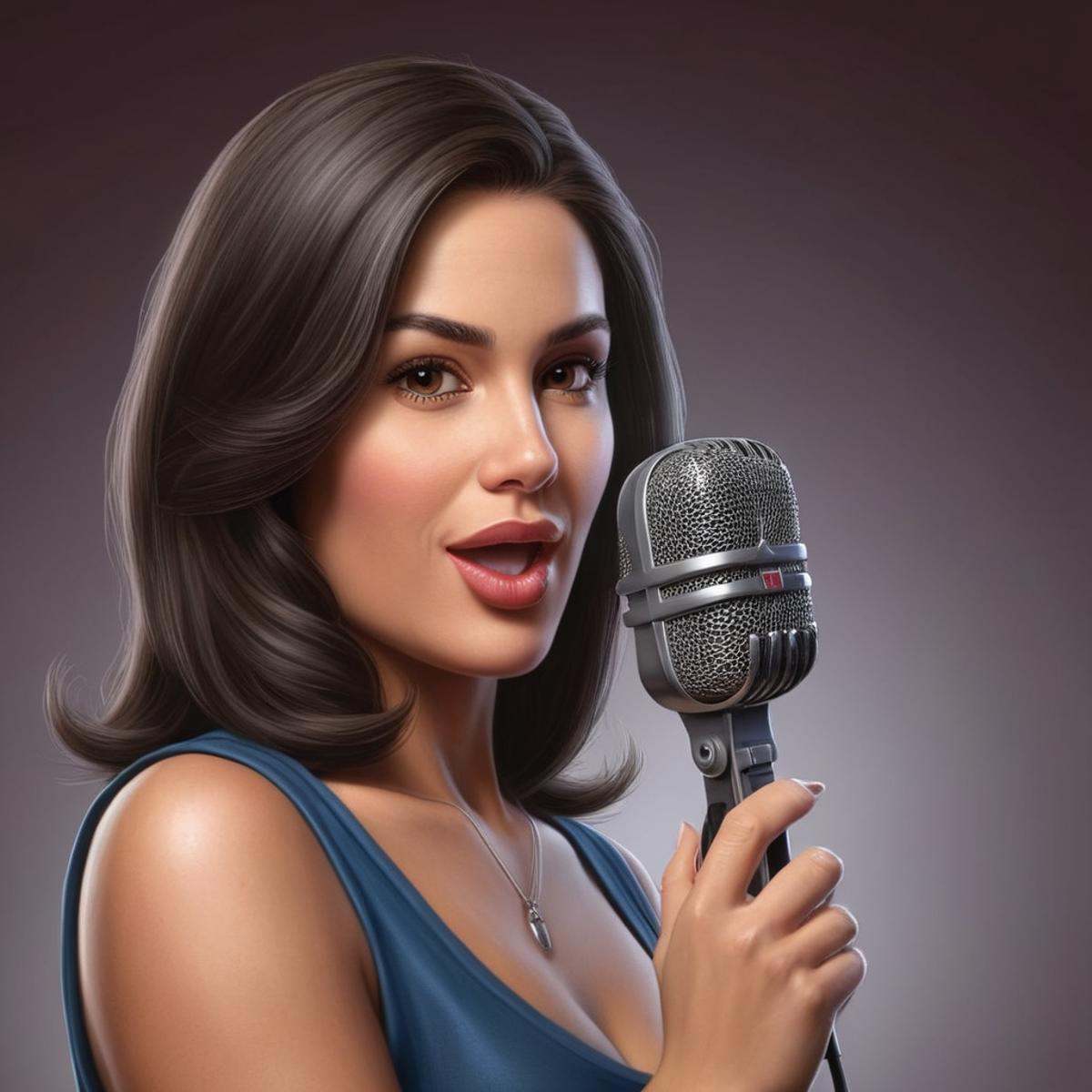 Hyperrealistic art of a cartoon picture of a woman with a microphone Perfect Hands,  Extremely high-resolution details,  p...