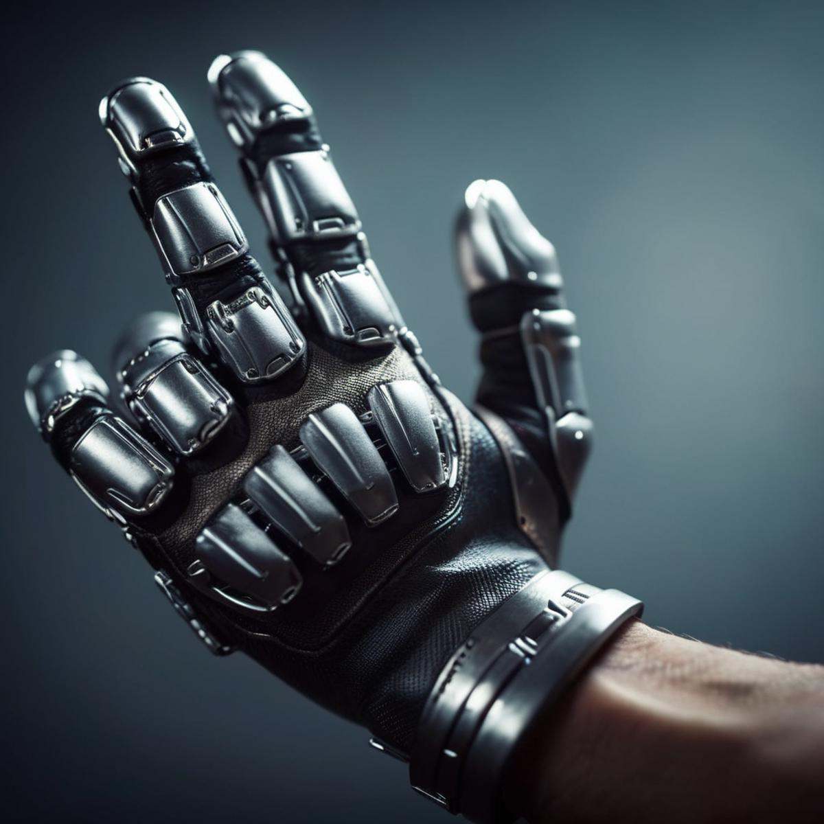 cinematic film still of a futuristic five_fingers hand with a metal glove on Perfect Hands,  shallow depth of field,  vign...