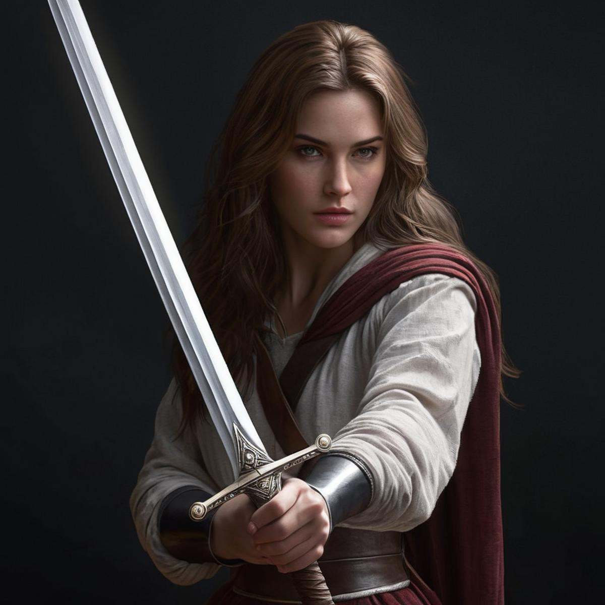 Hyperrealistic art of a woman holding a sword in a dark room Perfect Hands,  Extremely high-resolution details,  photograp...