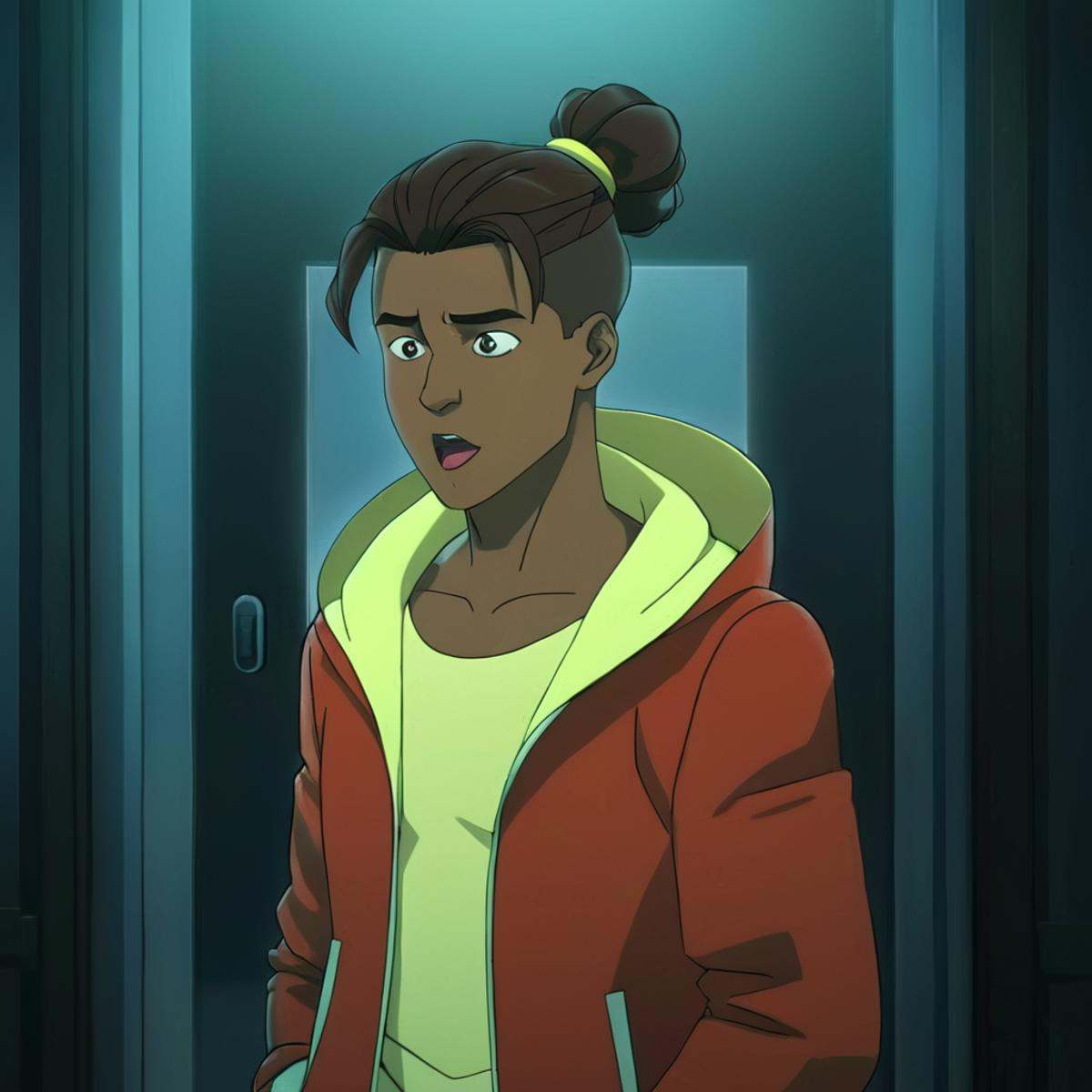 anime artwork of detailed perfect Rex Sloan a cartoon man with a red jacket and a yellow hoodie,  Rex-Sloan,  solo on Tens...