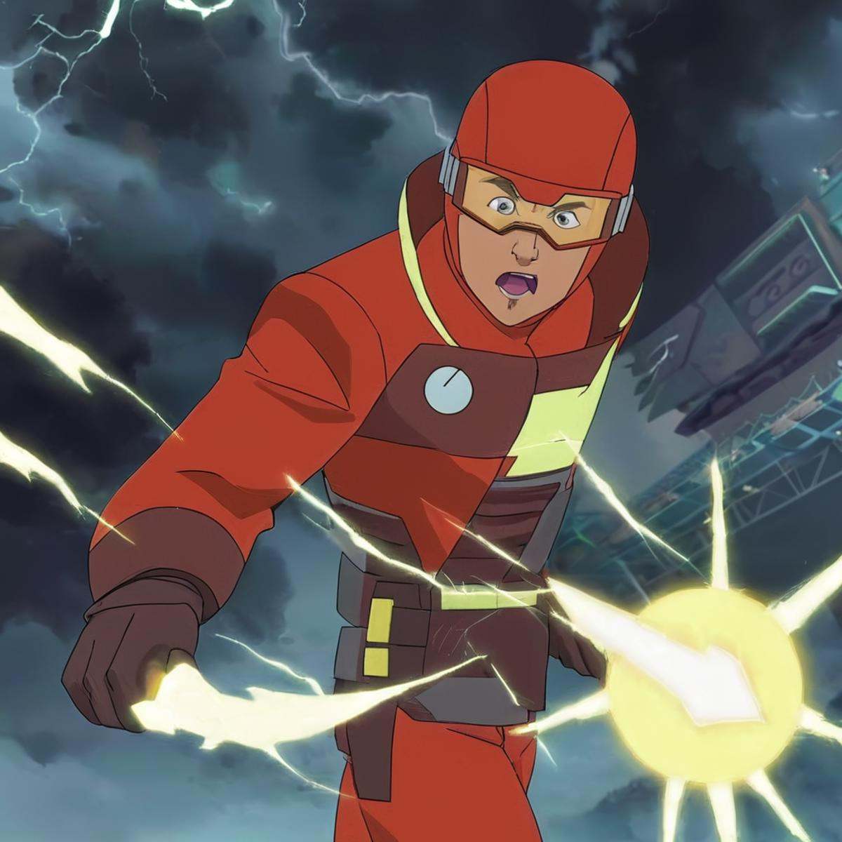 anime artwork of detailed perfect Rex-Splode a man in a red outfit holding a lightning bolt,  Rex Splode,  closeup on Tens...