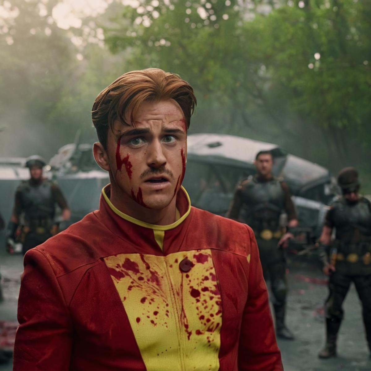 cinematic film still of detailed perfect Rex-Splode a messed up beaten up man in a red and yellow outfit,  Rex Splode,  so...