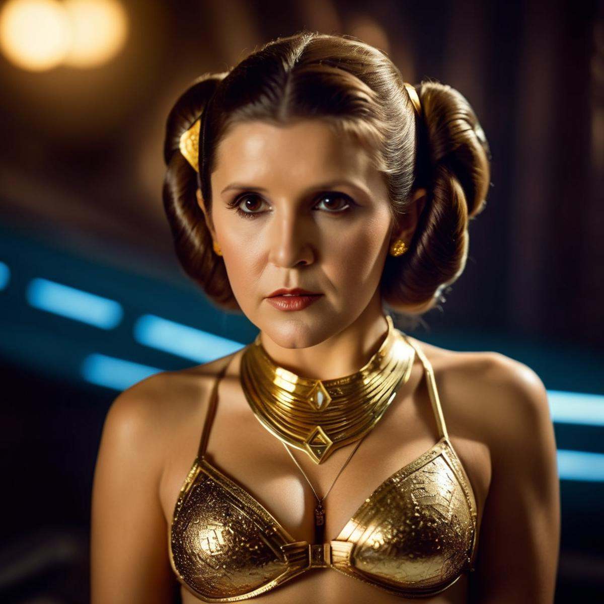 cinematic film still of Leia Organa a hot beautiful woman in a metallic bikini top and gold jewelry in star wars universe,...