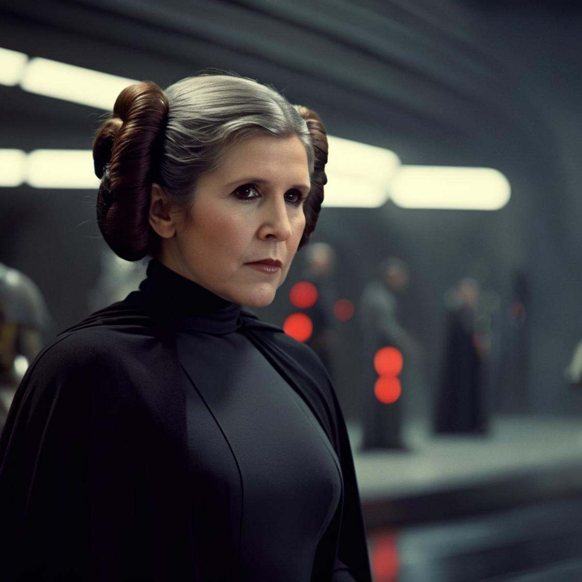 cinematic film still of Leia Organa a grey hair milf woman in a black dress and a black cape in star wars universe,  shall...