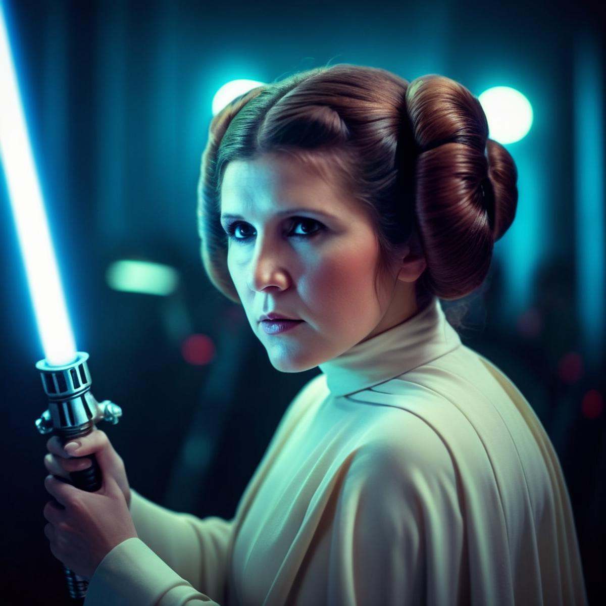 cinematic film still of Leia Organa a hot beautiful woman in a star wars outfit holding a light saber in star wars univers...