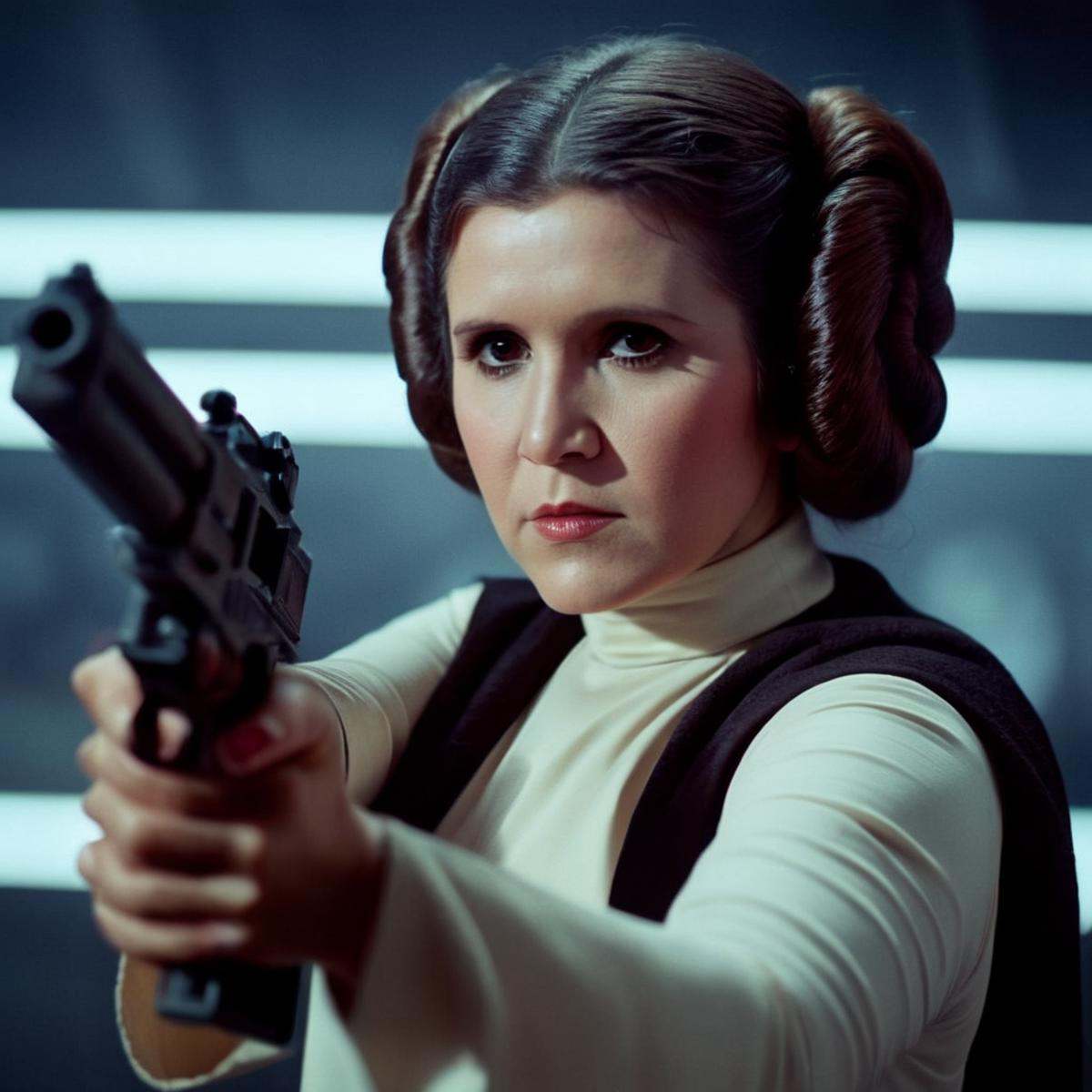 cinematic film still of Leia Organa a closeup of woman holding a gun in her hand in star wars universe,  shallow depth of...