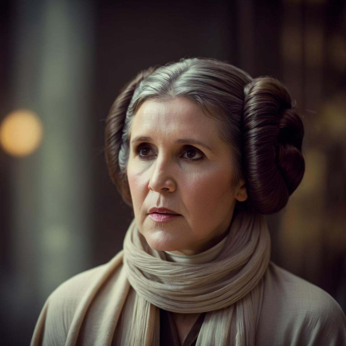 cinematic film still of Leia Organa a grey hair milf woman with a scarf on her head in star wars universe,  shallow depth...