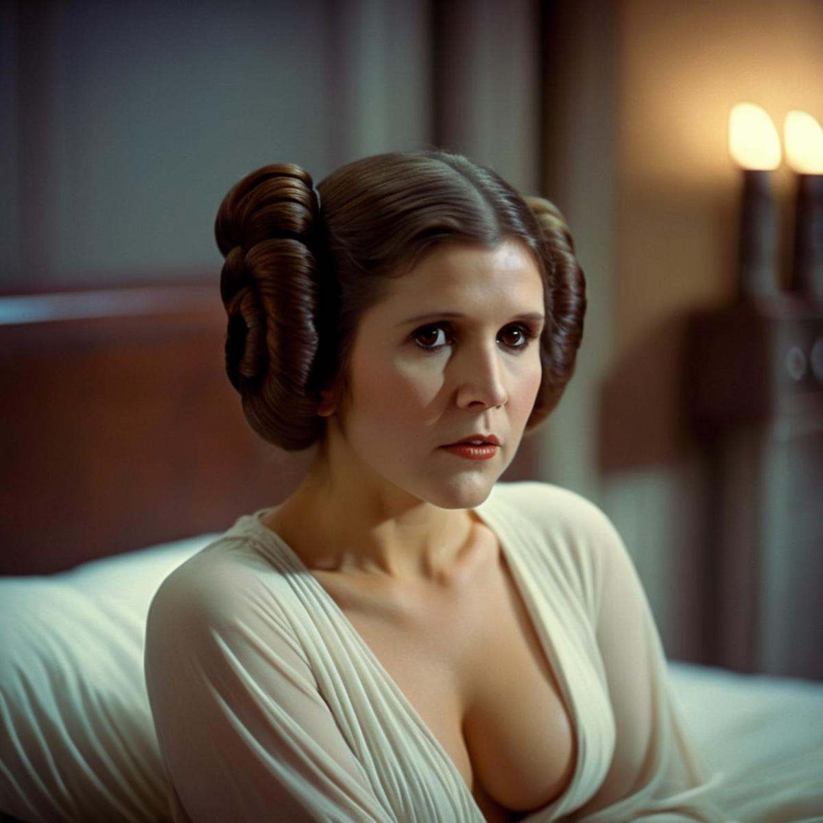 cinematic film still of Leia Organa a hot beautiful naked breasts woman in a white dress sitting on a bed in star wars uni...
