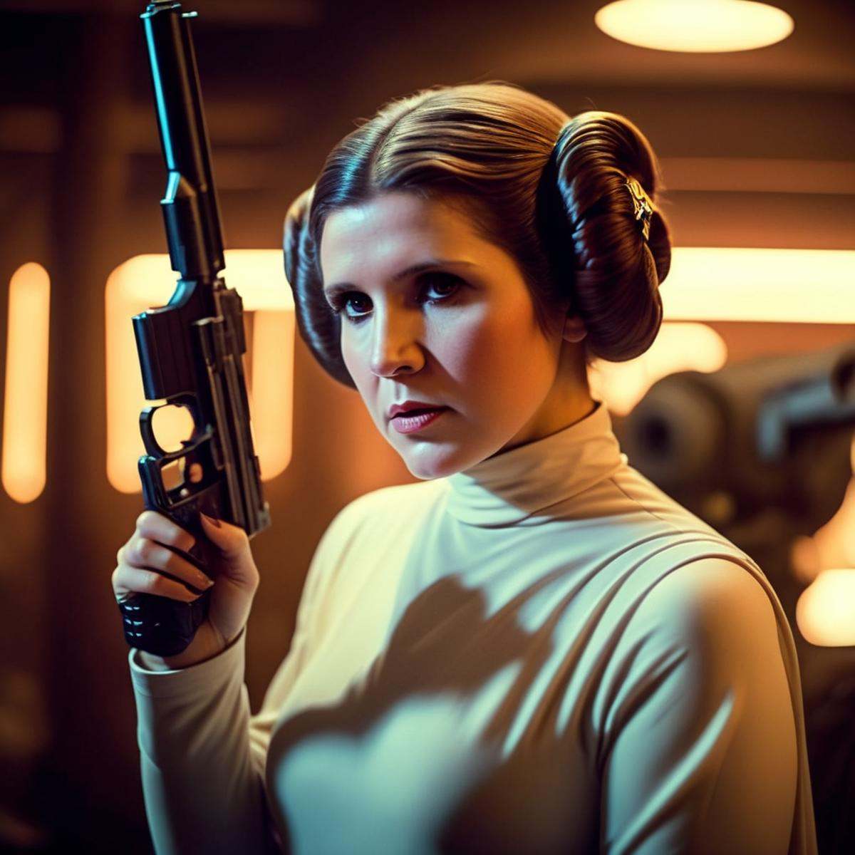 cinematic film still of Leia Organa a painting of a hot beautiful woman holding a gun and a star wars character in star wa...