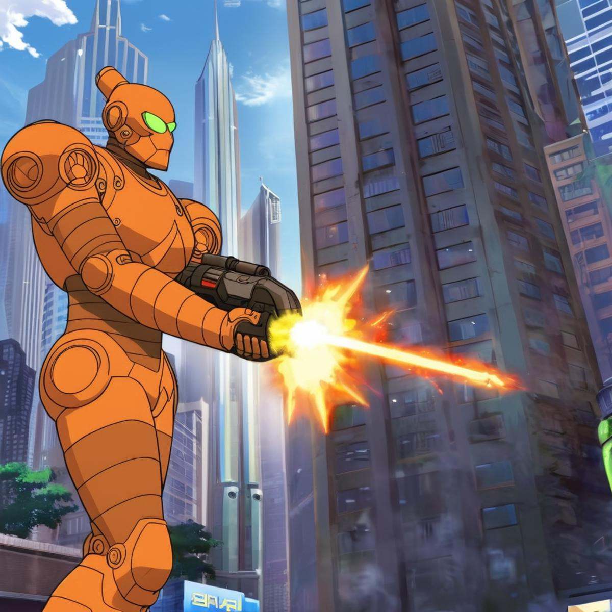 anime artwork of detailed perfect Robot a Robot is firing a bright light beam from his chest in front of viewers,  orange,...