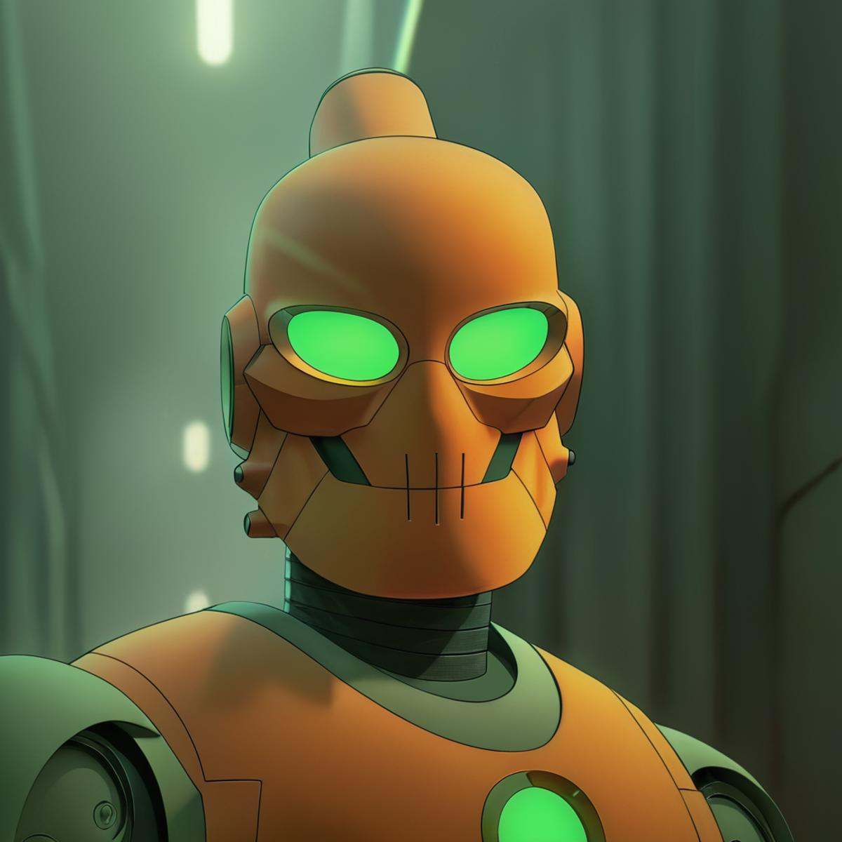 cinematic film still of detailed perfect Robot a cartoon character with glowing eyes and a helmet,  orange,  solo on Tenso...