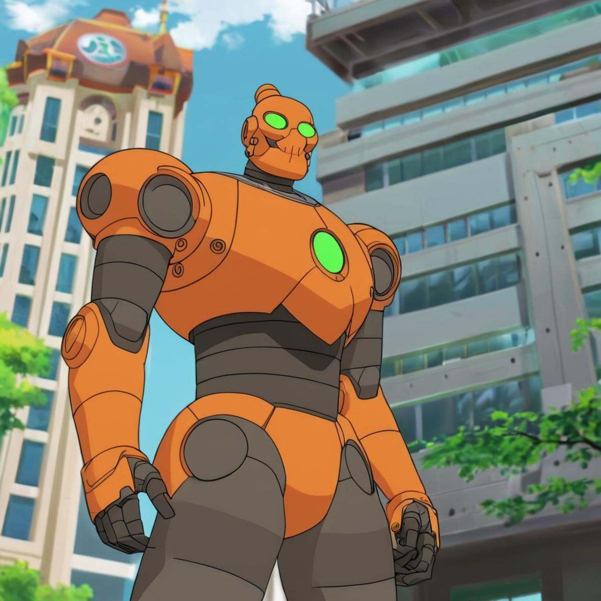 anime artwork of detailed perfect Robot a cartoon Robot character with green eyes standing in front of a building,  orange...