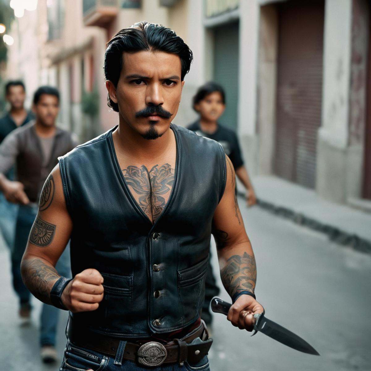 cinematic film still of perfection detailed In the United Mexican States Navajas a man with a tattoo on his chest and a le...