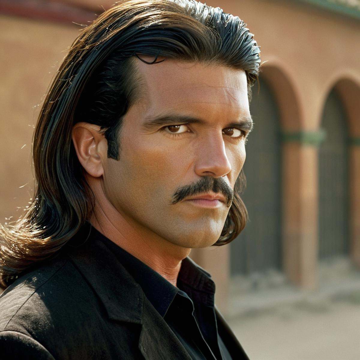 cinematic film still of perfection detailed In the United Mexican States Antonio Banderas as "El Mariachi" a long hair man...
