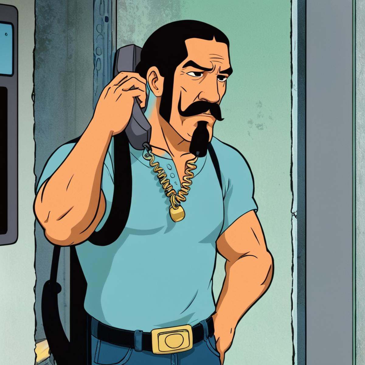 anime artwork of perfection detailed In cartoonIn the United Mexican States Danny Trejo as Navajas a man talking on a payp...