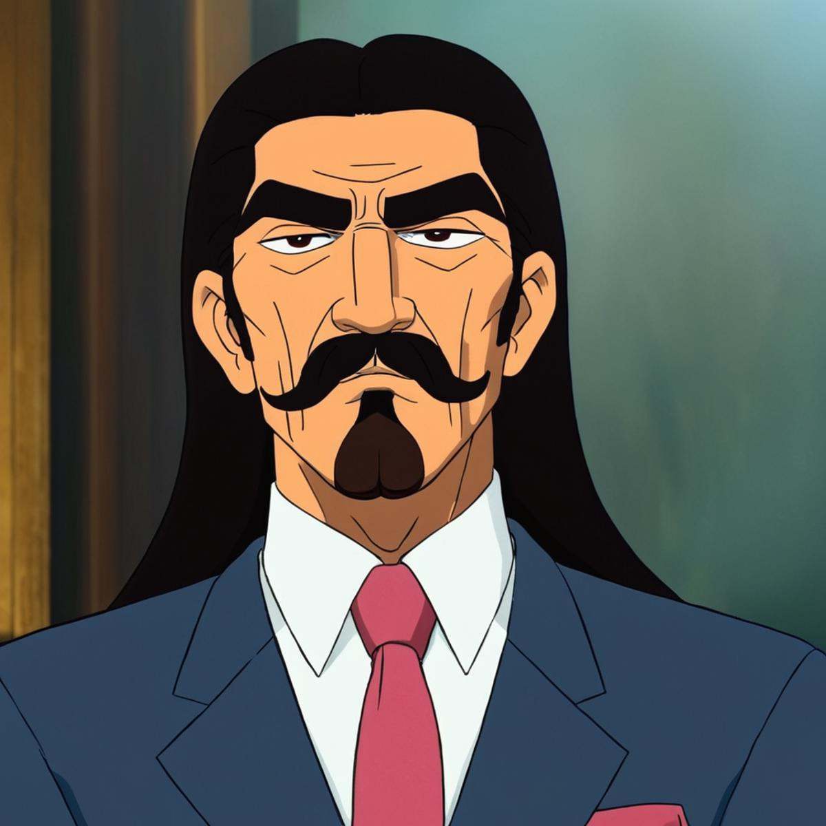 anime artwork of perfection detailed In cartoonIn the United Mexican States Danny Trejo as "Cucuy" a serious man with long...