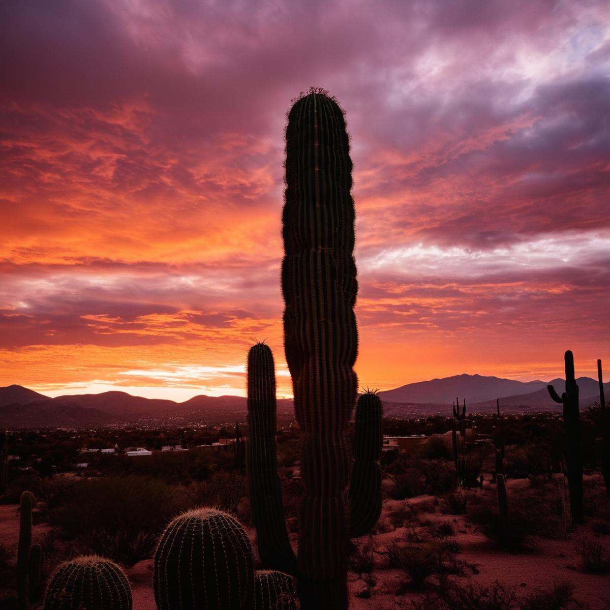 cinematic film still of perfection detailed In the United Mexican States an epic sunset with a red sky and a cactus,  outd...