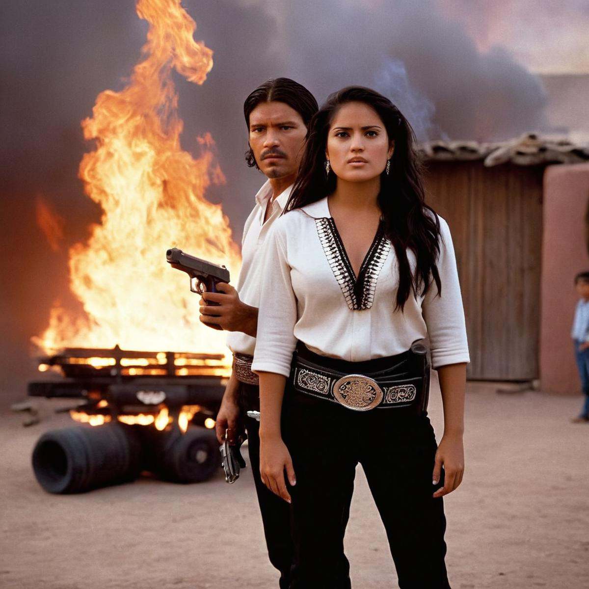 cinematic film still of perfection detailed In the United Mexican States "El Mariachi" and "Carolina" a man and a woman st...