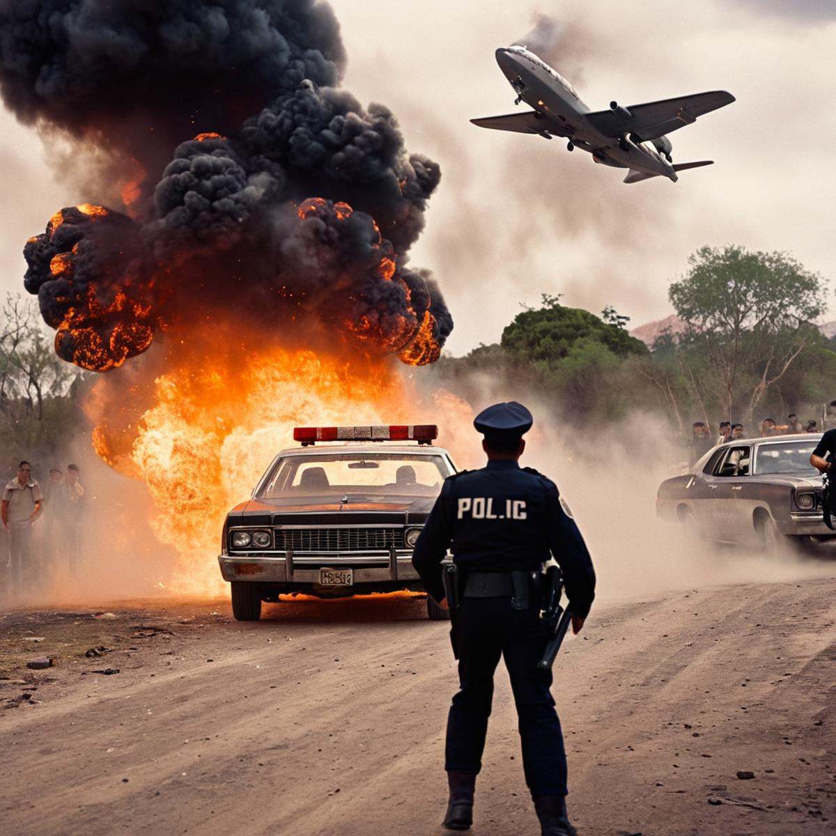 cinematic film still of perfection detailed In the United Mexican States a policeman flying through the air next to a car...