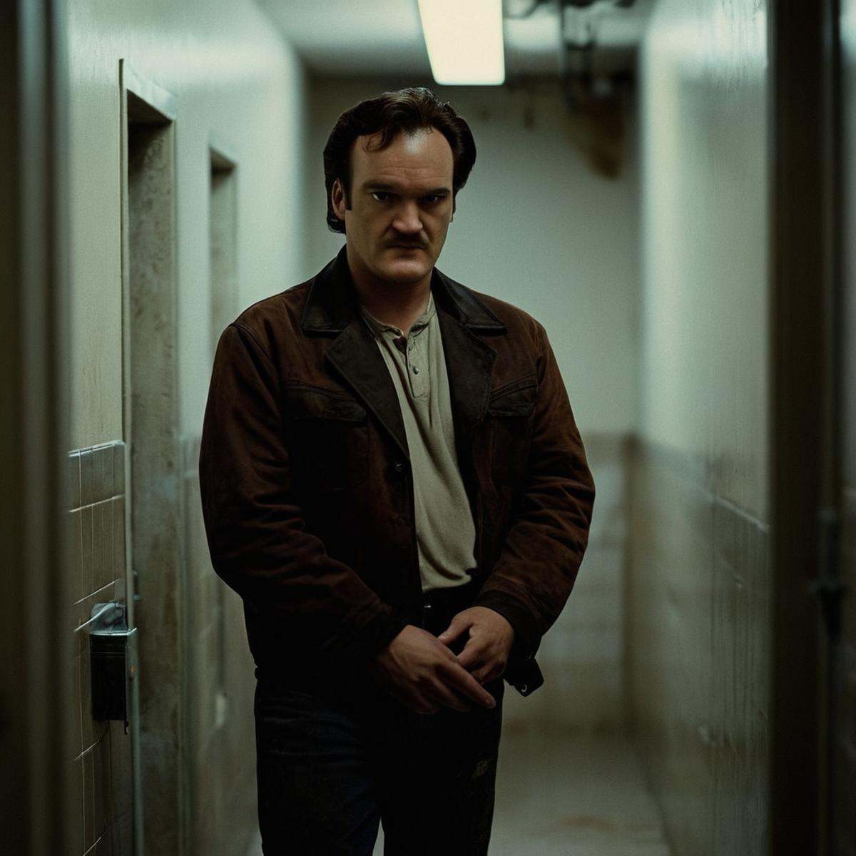 cinematic film still of perfection detailed In the United Mexican States Quentin Tarantino a man standing in a dirty hallw...