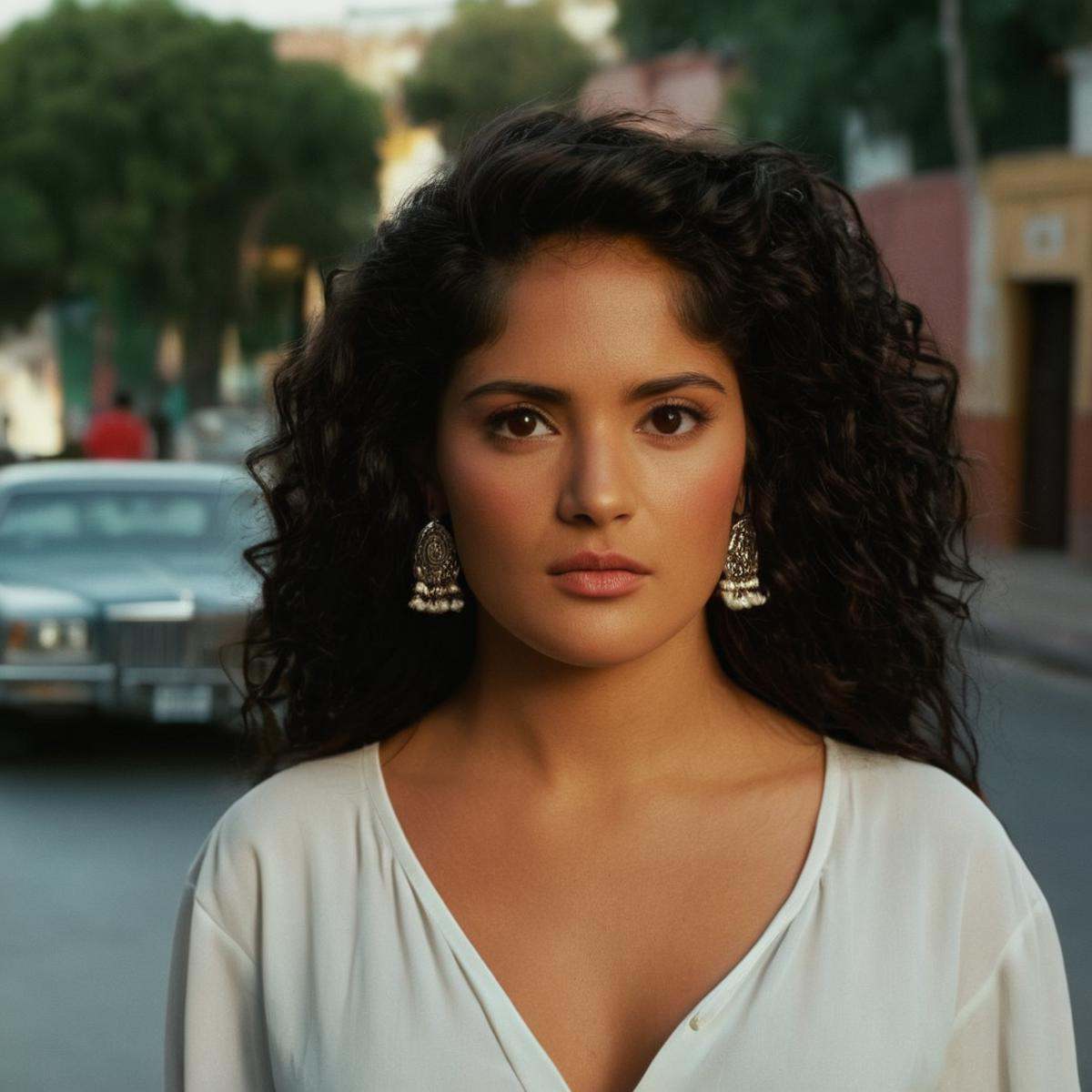 cinematic film still of perfection detailed In the United Mexican States Salma as Carolina a woman with long hair and earr...
