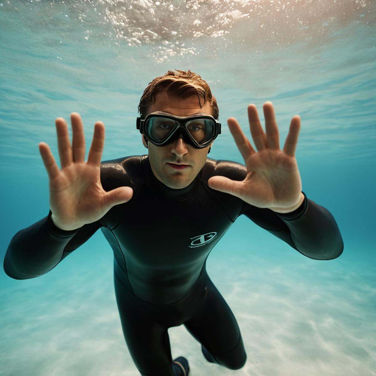 cinematic film still of A perfect detailed photo of a man in a black wetsuit and goggles is diving with perfect hands,  sh...