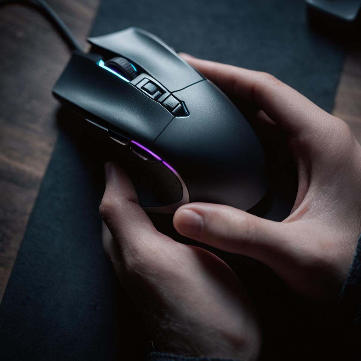 cinematic film still of A detailed and From above,  A perfect photo of a person clicking on a wired gaming mouse,  shallow...